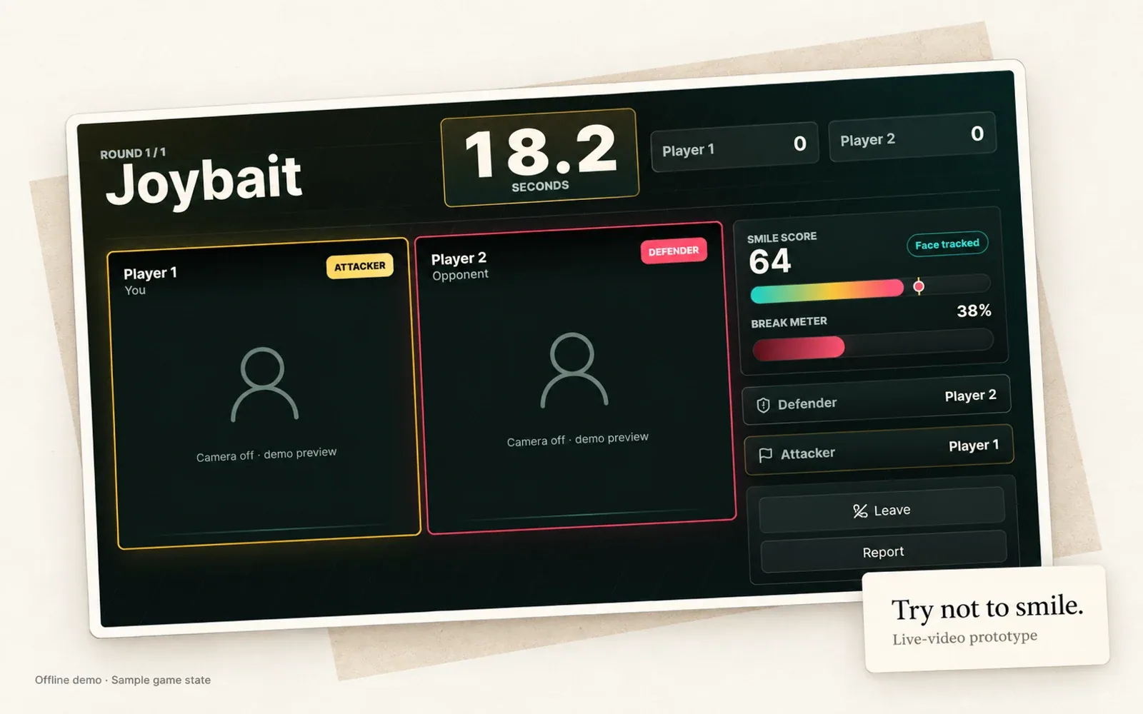 Joybait’s two-player challenge interface with a round timer and smile meter, presented on a cream background