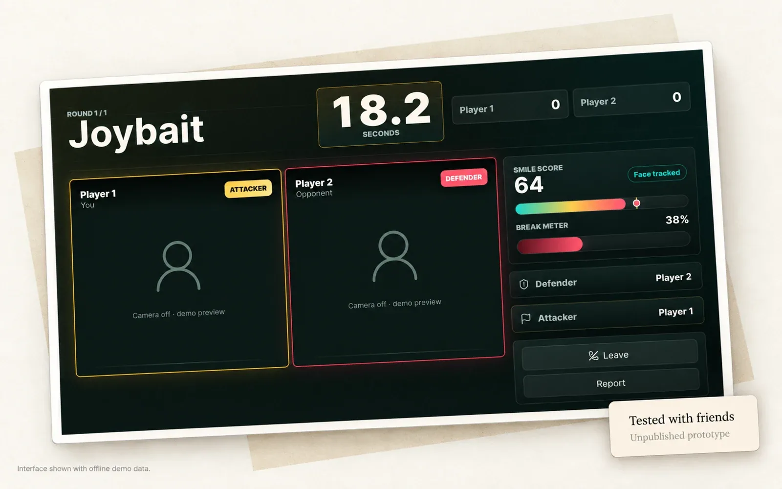 Joybait prototype interface with a note that it was tested with friends and remains unpublished