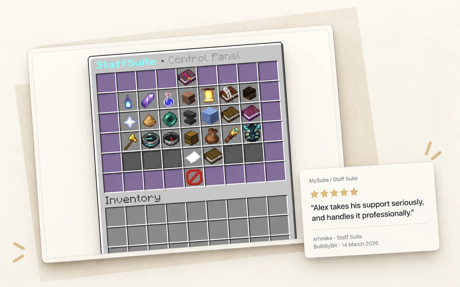 Staff Suite’s Minecraft inventory control panel presented against a neutral cream background, with an attributed five-star review