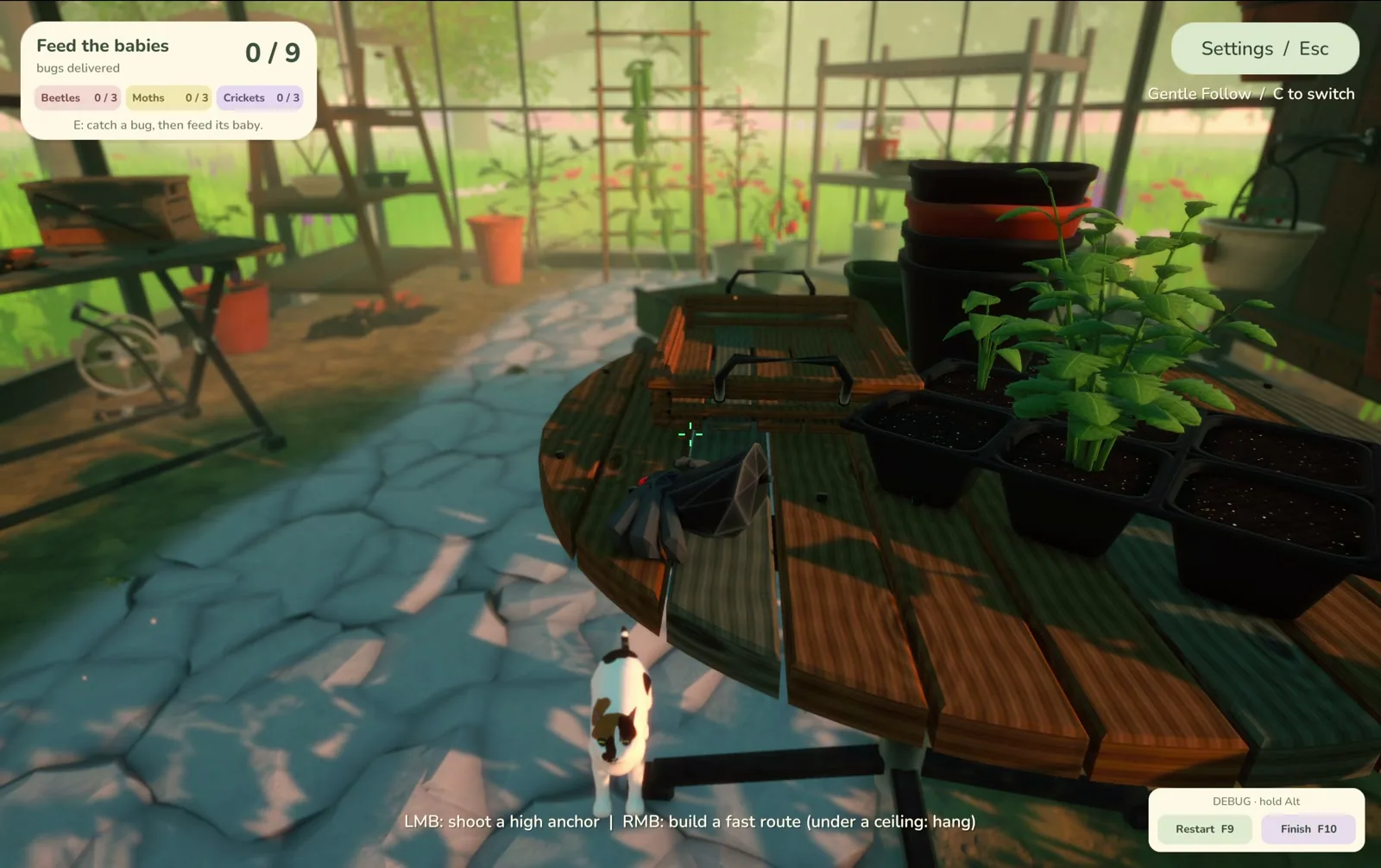 Webby exploring a wooden potting table surrounded by plants in the greenhouse