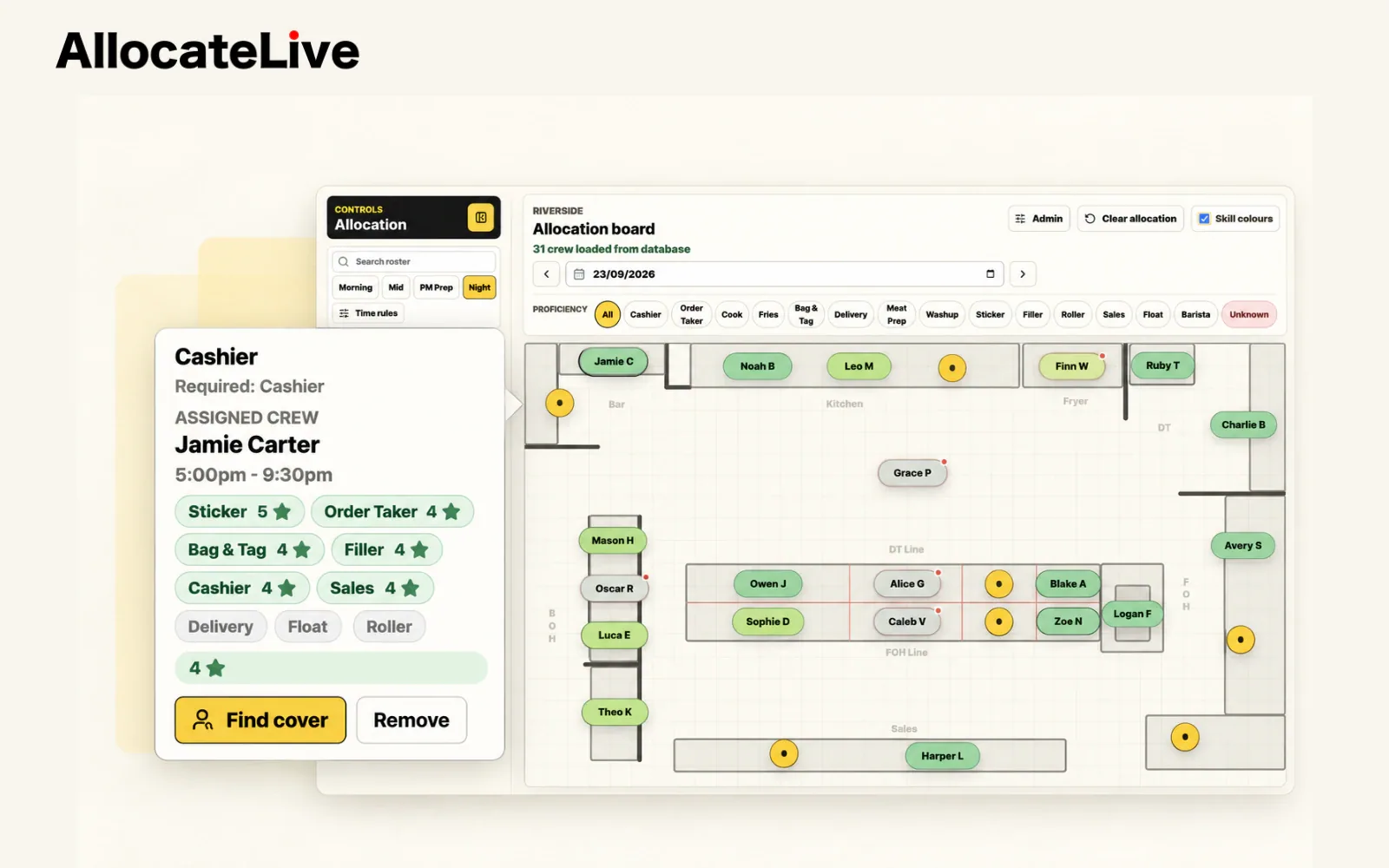 Colour-coded station assignments and a fictional crew member’s skill ratings in Allocate Live